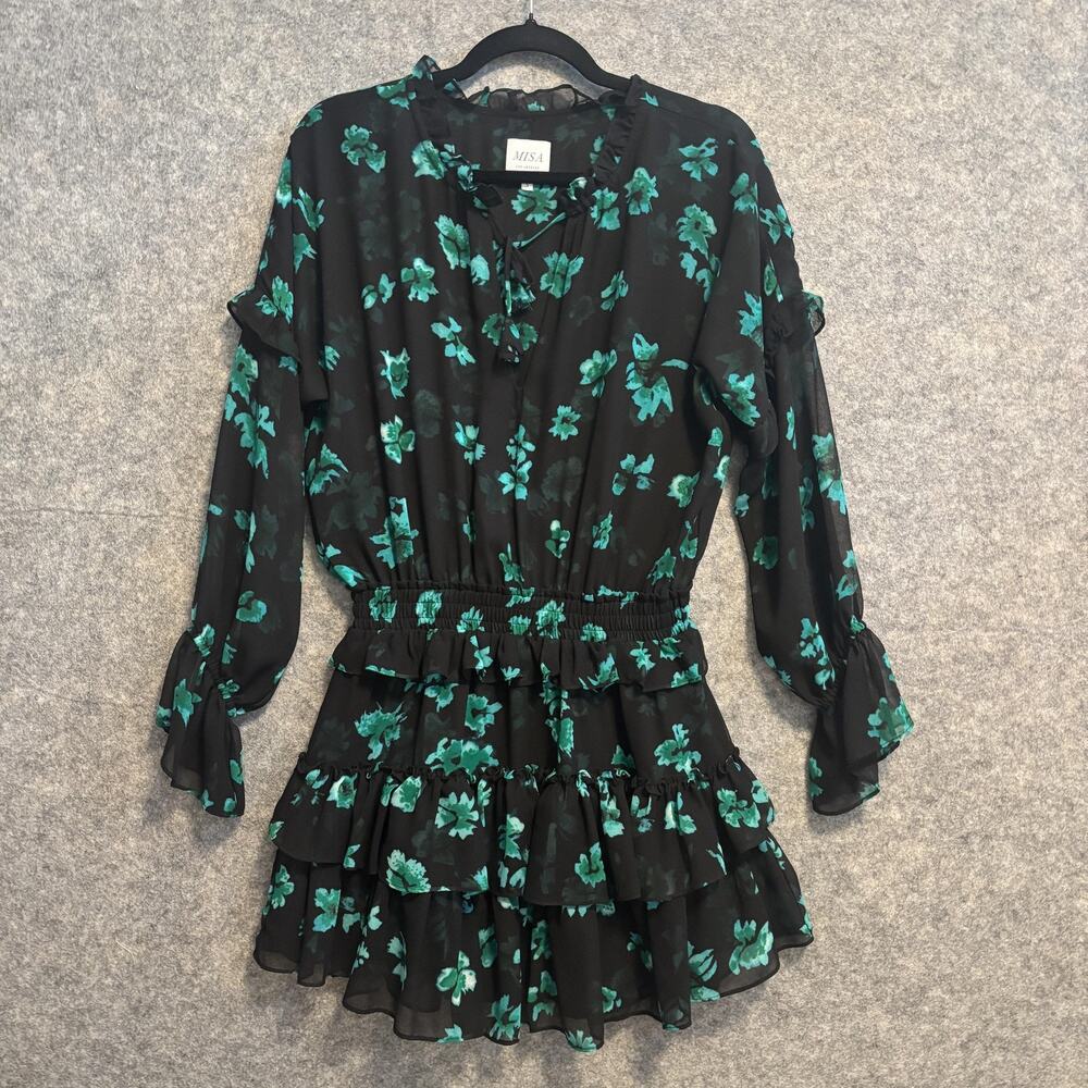 MISA Dress Womens Size Small Black Green Sheer Long Sleeve Lolita Floral Ruffle